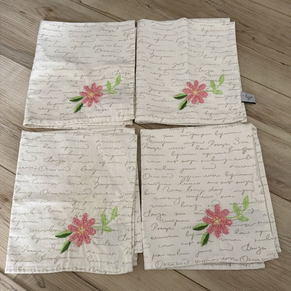 Hip + Hop Set Of 4 Cotton Napkins Cotton Embroidered Pink Flower